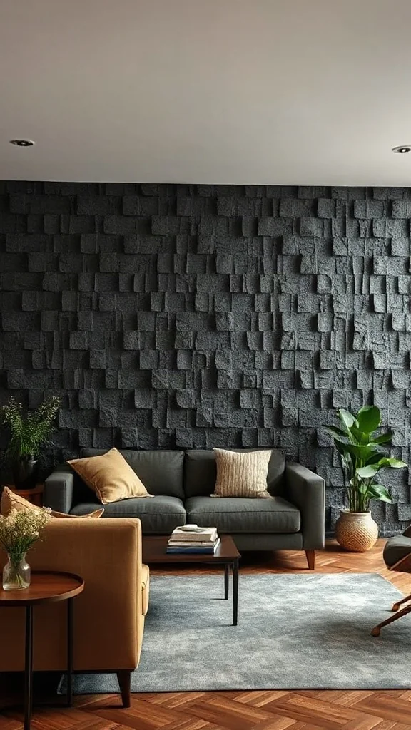 Textured Black Cork Wall Tiles Wall covered in textured 3D black cork tiles with organic bark-like ridges in a sustainable living room