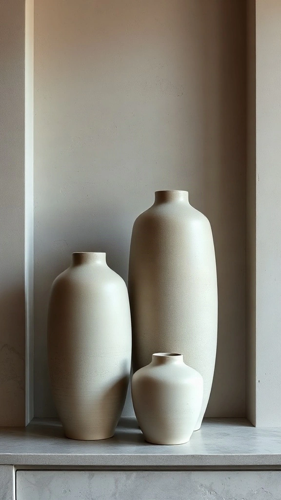 Three different sized ceramic vases with a neutral matte finish on a console table.