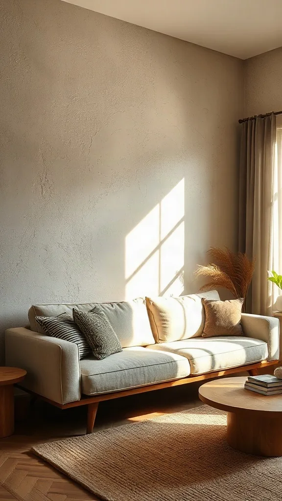 The Textured Plaster Accent Wall Textured beige plaster accent wall illuminated by sunlight behind a low neutral linen sofa.