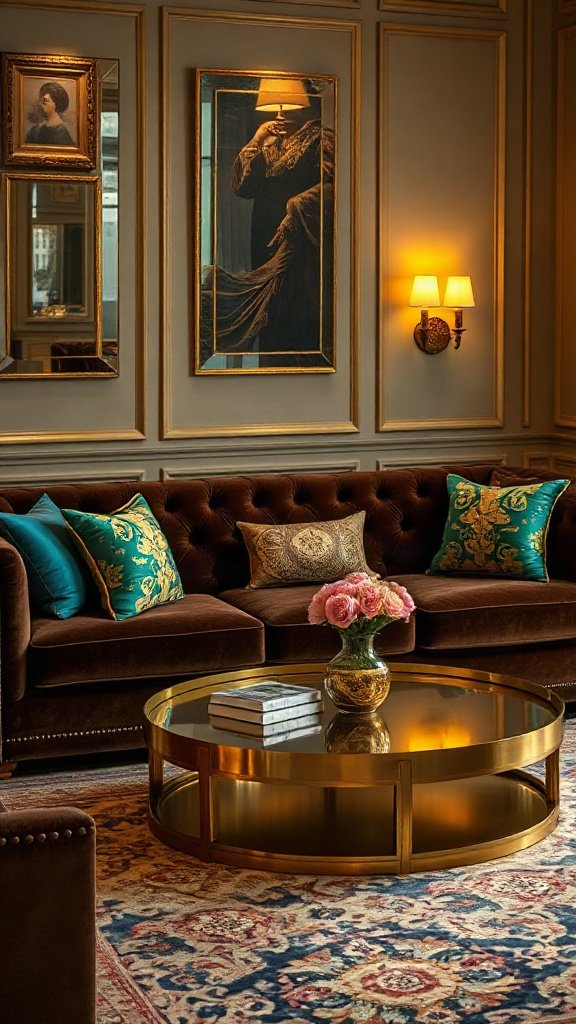 Velvet Luxe with Jewel-Toned Accents - 15 Stunning Dark Chocolate Couch Ideas