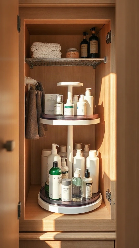 Tiered Lazy Susan Turntables for Deep Corner Cabinets Two-tier clear plastic lazy susan rotating inside a deep corner cabinet filled with skincare bottles.