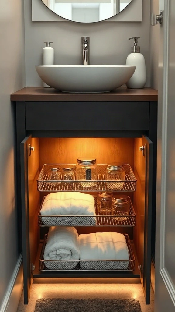 Tiered Under-Sink Sliding Shelf Units Two-tier metal mesh sliding drawer unit installed underneath a white porcelain sink bowl.