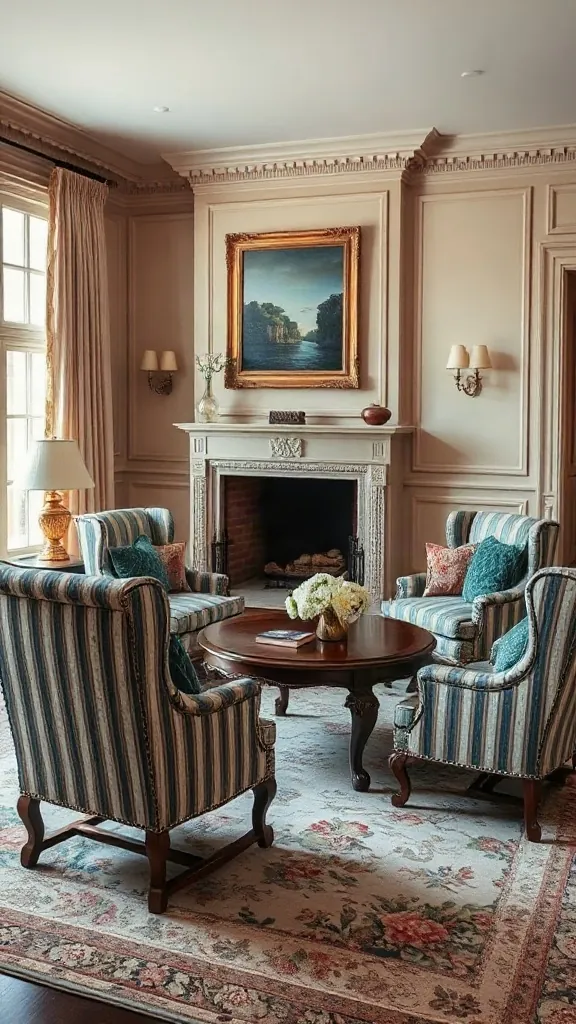 Traditional Cabriole Leg Sofa and Wingback Duo Traditional living room set with a classic cabriole leg sofa paired with high-back wingback chairs in striped silk.