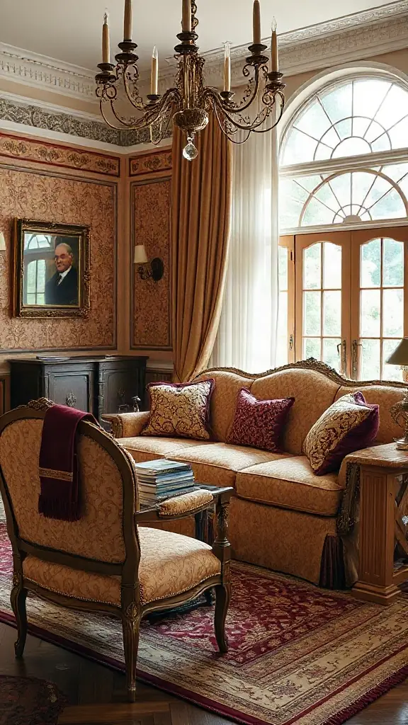 Traditional Camelback Sofa Set in Damask Brocade Traditional living room set displaying a graceful camelback sofa and armchairs in woven gold and burgundy damask.