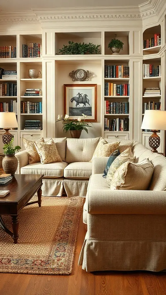 Transitional Neutral Sofa Designs for Living Room Traditional living room set featuring elegant sofa designs with tailored oatmeal slipcovers and pleated skirt details.