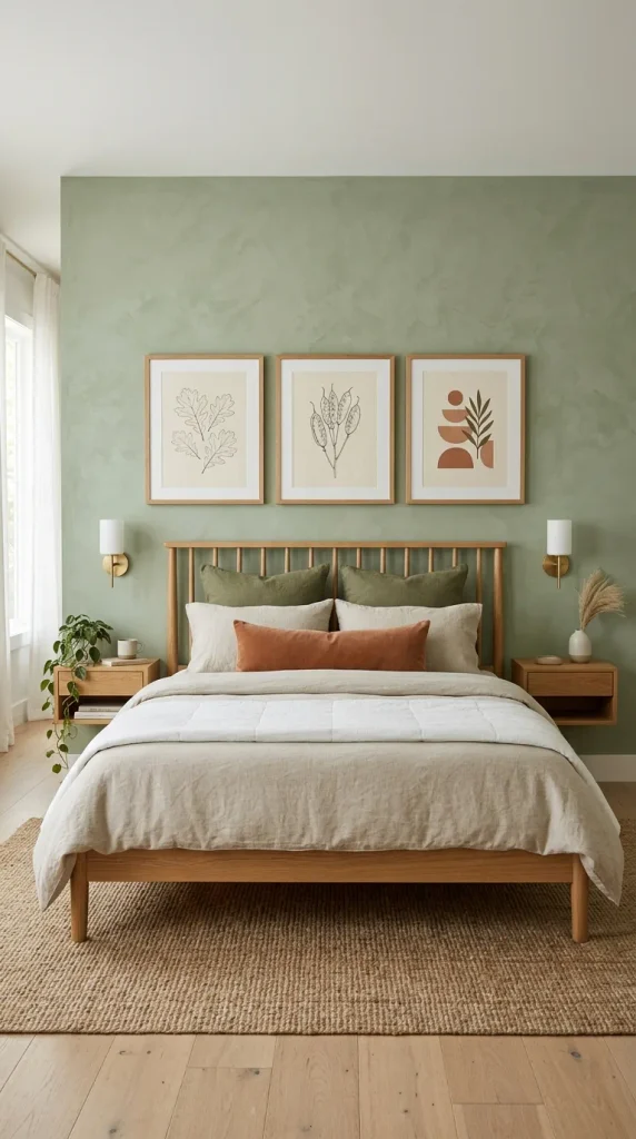 A bedroom with three identical oak frames hung symmetrically above the bed, displaying minimalist botanical line art with pressed leaves and terracotta shapes on textured paper.
