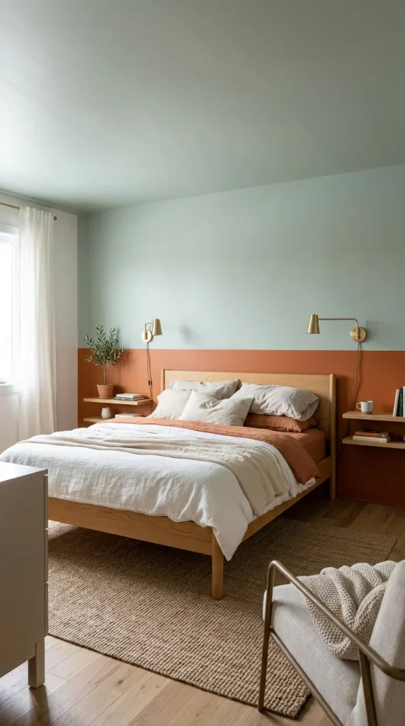 A bedroom with a clean two-tone color-blocked accent wall featuring rich burnt orange on the lower half and soft misty sage green on the upper wall and ceiling.