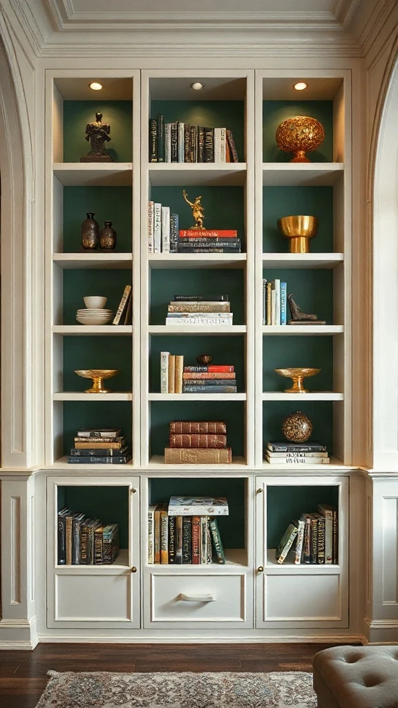Two-Tone Paint Contrast Units Off-white built-in bookcase with contrast forest green interior back paneling.