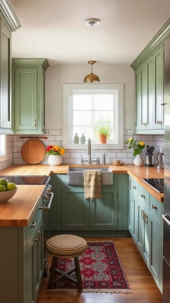 Cozy U-shaped kitchen with sage green cabinets and subway tile backsplash.