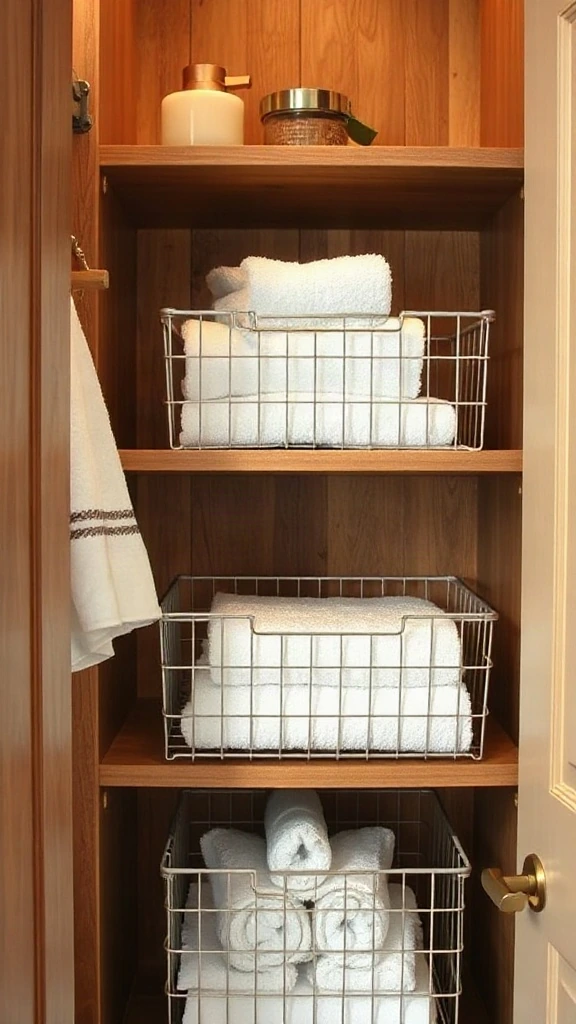 Under-Shelf Wire Baskets for Vertical Storage Expansion White wire storage baskets securely slid onto existing wooden shelves holding stacks of white face towels.