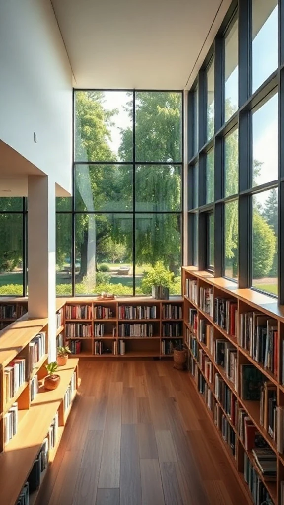 Window Wall Low Perimeter Credenza Low horizontal bookshelves running along floor-to-ceiling window wall overlooking garden.