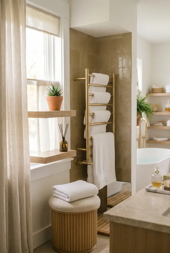 Cozy bathroom aesthetic with upholstered stool in bathroom corner near window with soft natural light for an elegant cozy atmosphere.