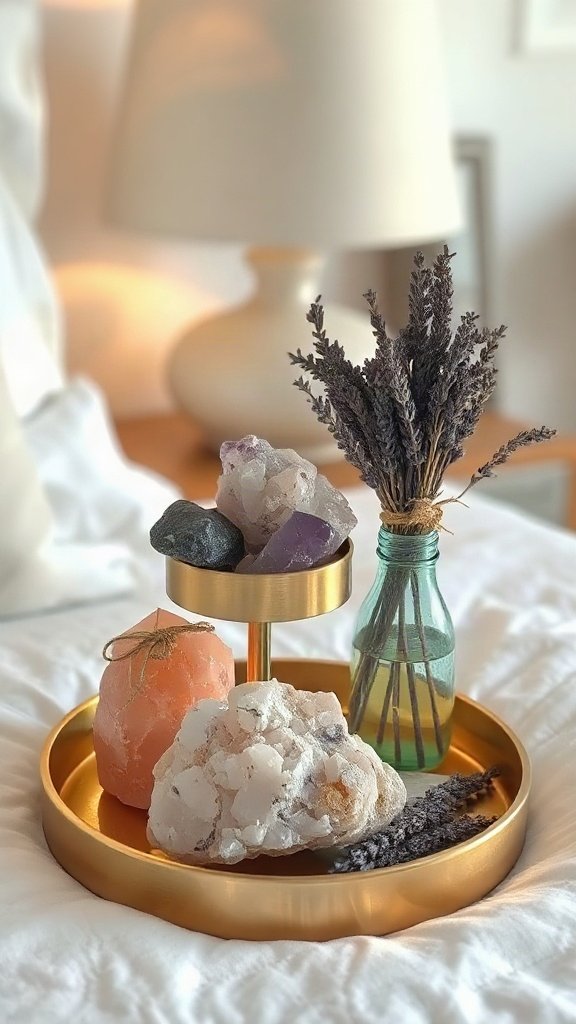 The Raw Crystal & Dried Lavender Bedside Display - 15 Dreamy Bedroom Ideas for a Warm and Cozy Aesthetic