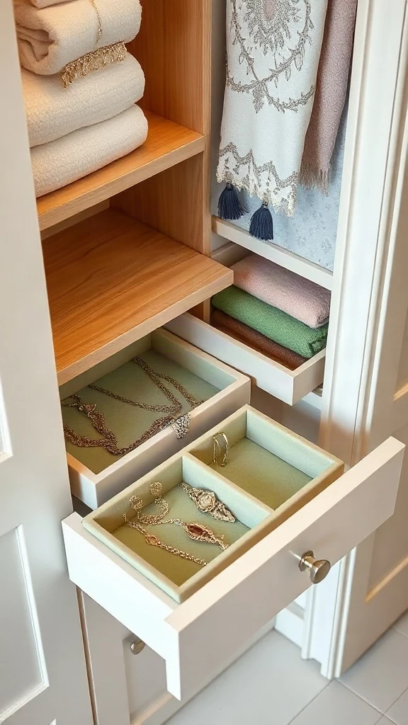 Velvet-Lined Jewelry Trays for Drawer Inserts Custom shallow pull-out vanity drawer fitted with sage green velvet compartmentalized jewelry trays.