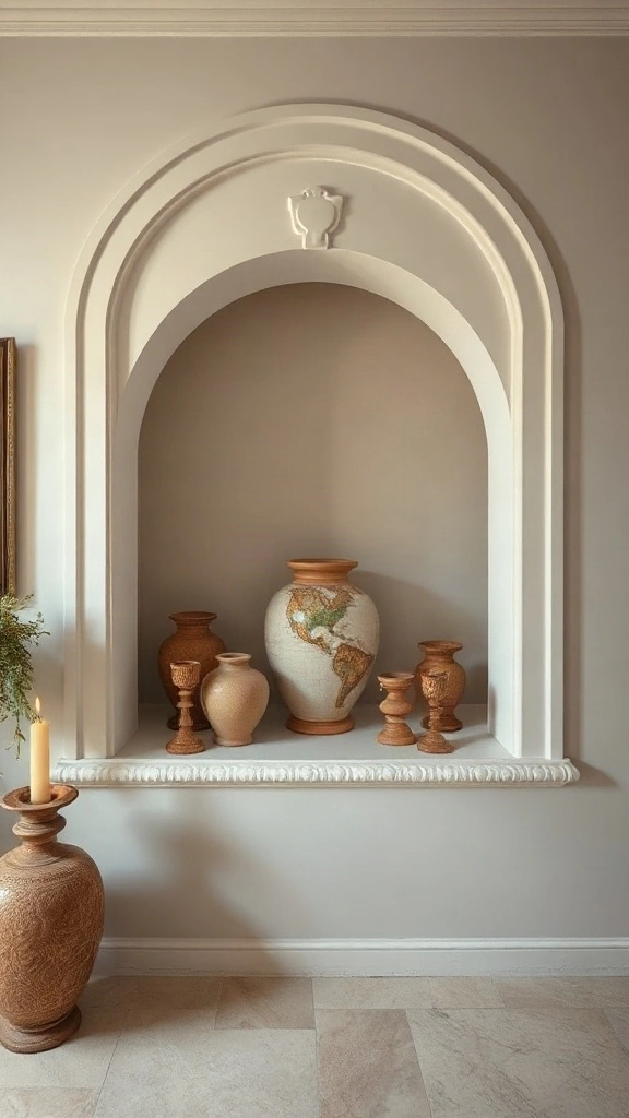 Custom Venetian plaster arched wall niche featuring vintage pottery and sculptural candleholders