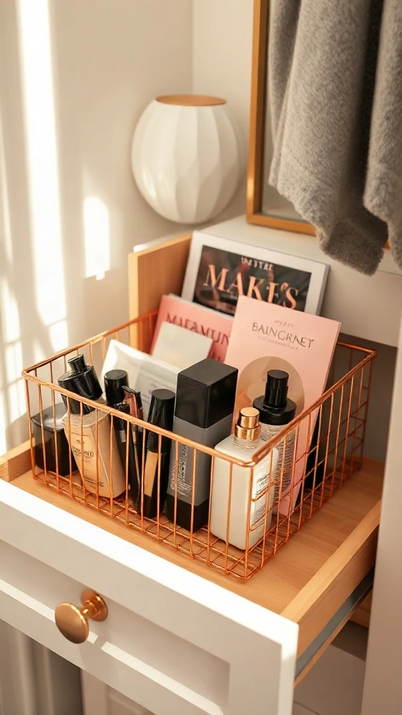 Vertical File Sorters for Eyeshadow Palettes and Notebooks Rose gold wire file sorter sitting inside a vanity drawer holding makeup palettes and skincare guides upright.