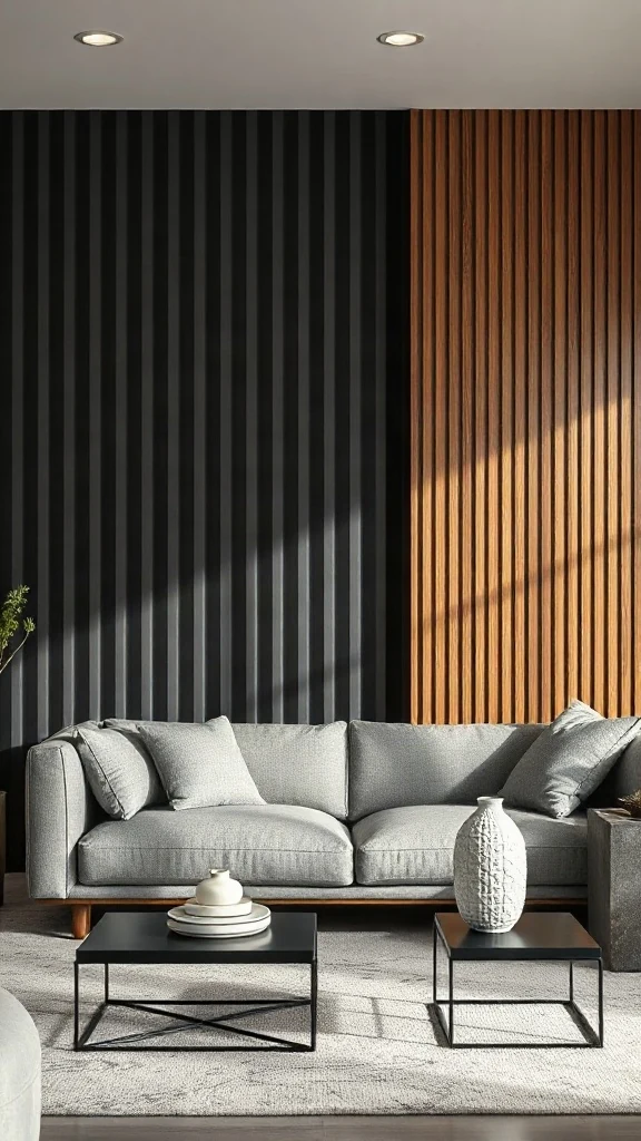 Vertical Slat Wood and Obsidian Feature Modern living room featuring a vertical slat black wall with thin natural walnut trim accents and grey linen sofa