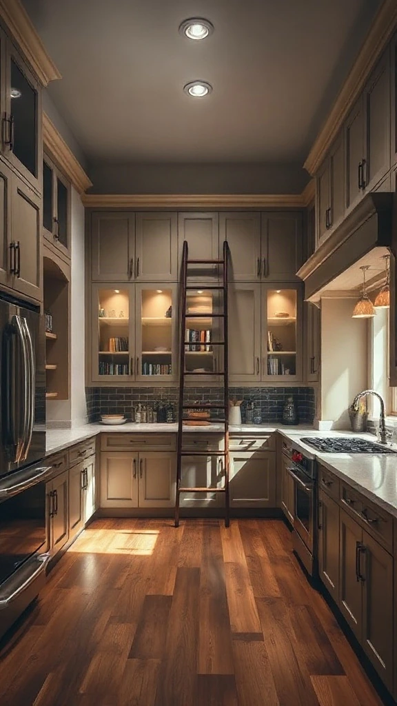 Kitchen with floor-to-ceiling cabinets and a rolling library ladder.