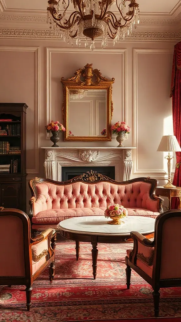 Victorian Rosewood Parlor Set with Gold Gilding Traditional living room set displaying a Victorian rosewood settee with gold leaf accents and floral carved crests.