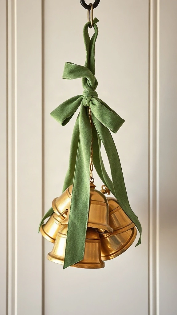 Cluster of oversized vintage brass cowbells suspended by a long sage green velvet ribbon against wood paneling.