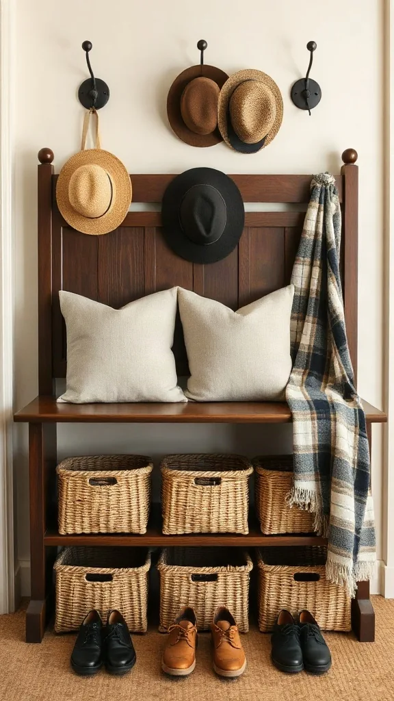 Restored vintage oak church pew with woven seagrass storage baskets in a classic entryway setting.