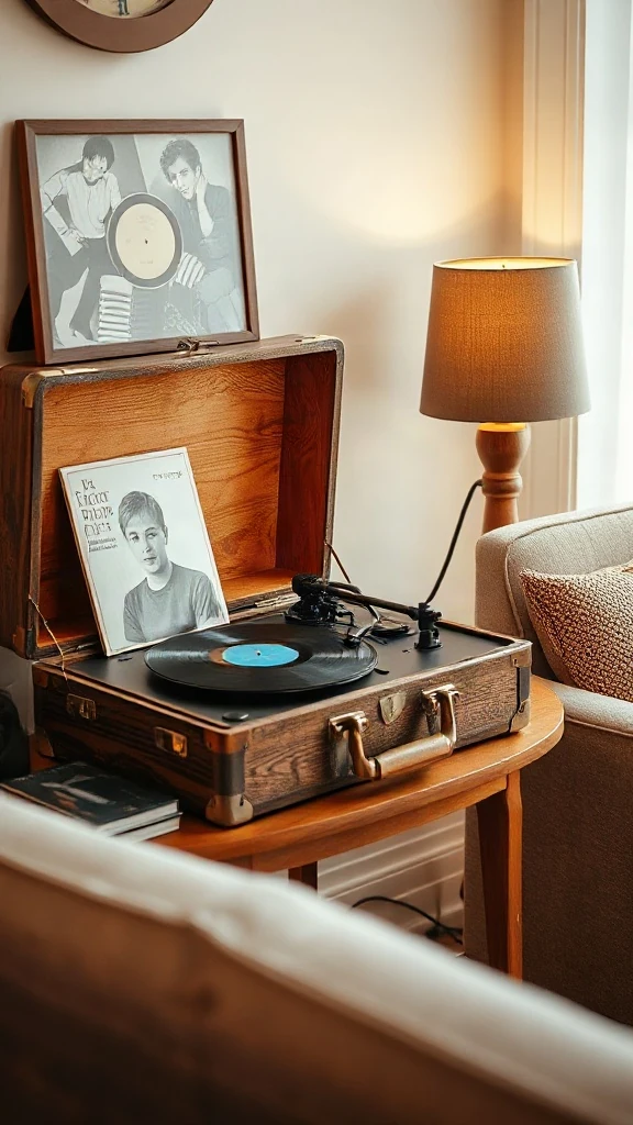 Wooden suitcase style record player sitting on a side table with nearby vinyl records.
