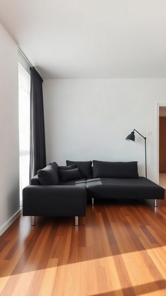 High-Contrast Minimalism: Black Sofa, Brown Floor - 20 Stunning Black and Brown Sofa Ideas