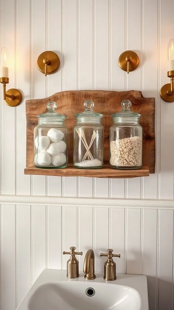 Wall-Mounted Glass Jars for Cotton Swabs Three glass apothecary jars mounted on a reclaimed wood plank on the wall filled with cotton balls and swabs.