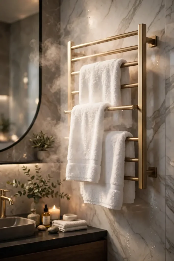 Cozy bathroom aesthetic with wall-mounted heated towel rack holding fluffy white towels in a modern bathroom with warm steam for a luxurious feel.