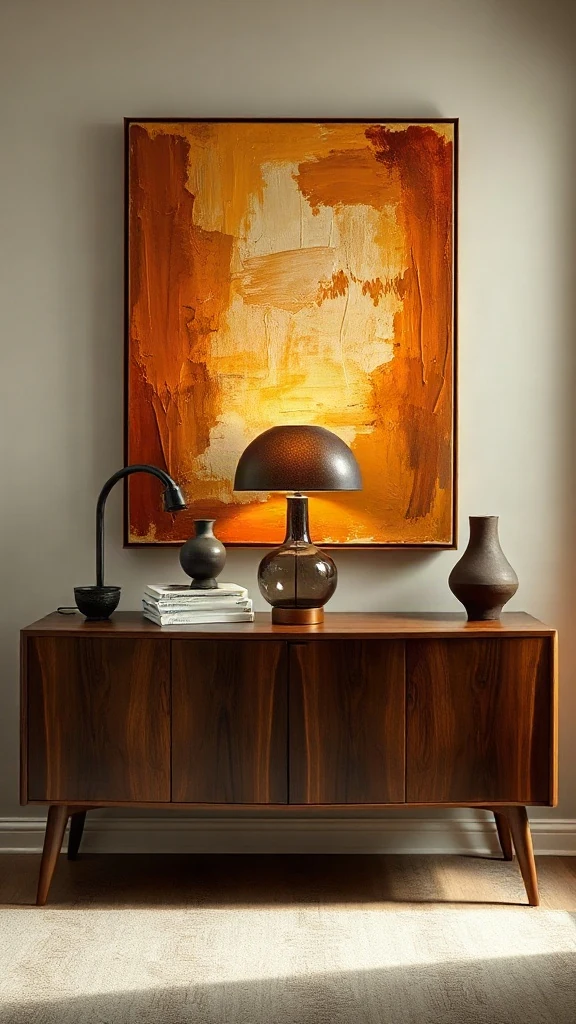 Mid-century modern walnut credenza under a bold abstract canvas as artistic entryway decorations.