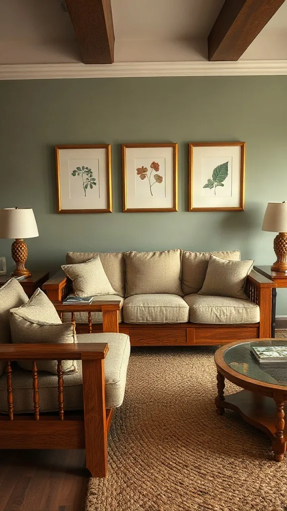 Warm Walnut Wooden Living Room Sofa Set Traditional living room set crafted from warm oiled American walnut with exposed wooden framing.