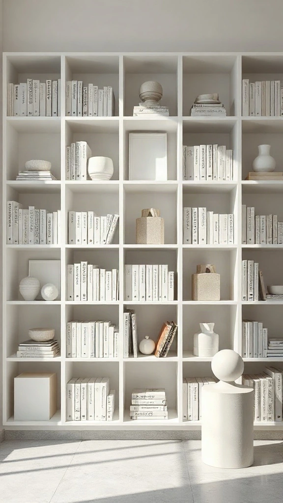 Monochromatic Minimalist Grid System Monochromatic white grid shelf unit with pale-bound books and minimalist ceramic art.