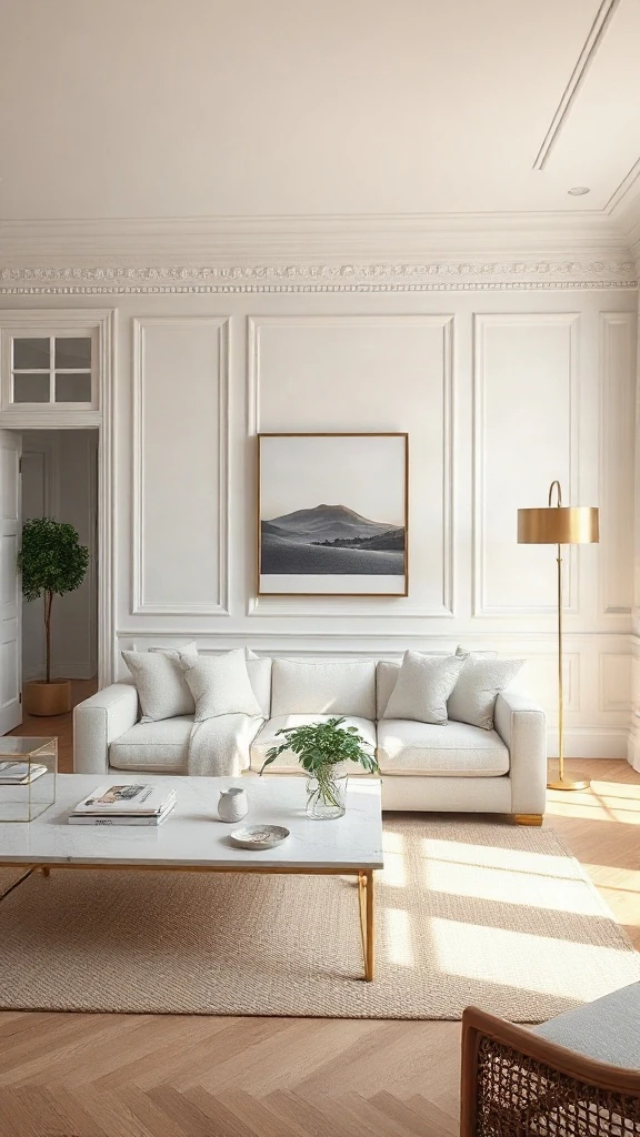 White Modern Living Room Ideas Meets Classic Molding Traditional living room set blending white modern living room ideas with traditional wall paneling and a tuxedo sofa.