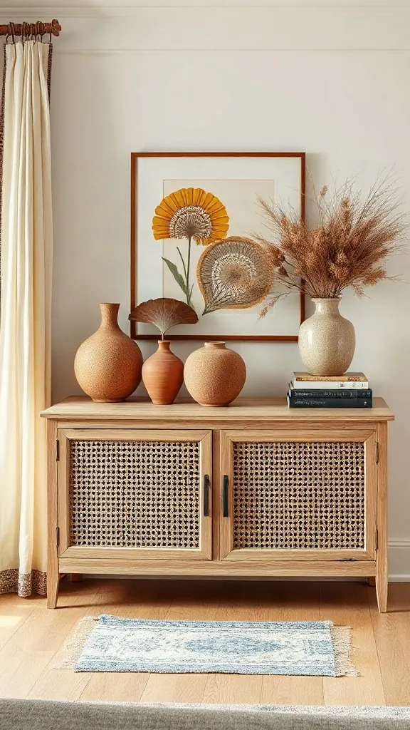The Cane Webbing Credenza Vignette White oak credenza with cane webbing doors styled with terracotta vases and dried lunaria stems.