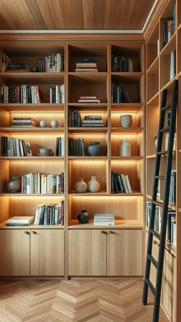Floor-to-Ceiling White Oak Wall Units Full-height white oak library shelves with LED lighting and lower cabinet organization.