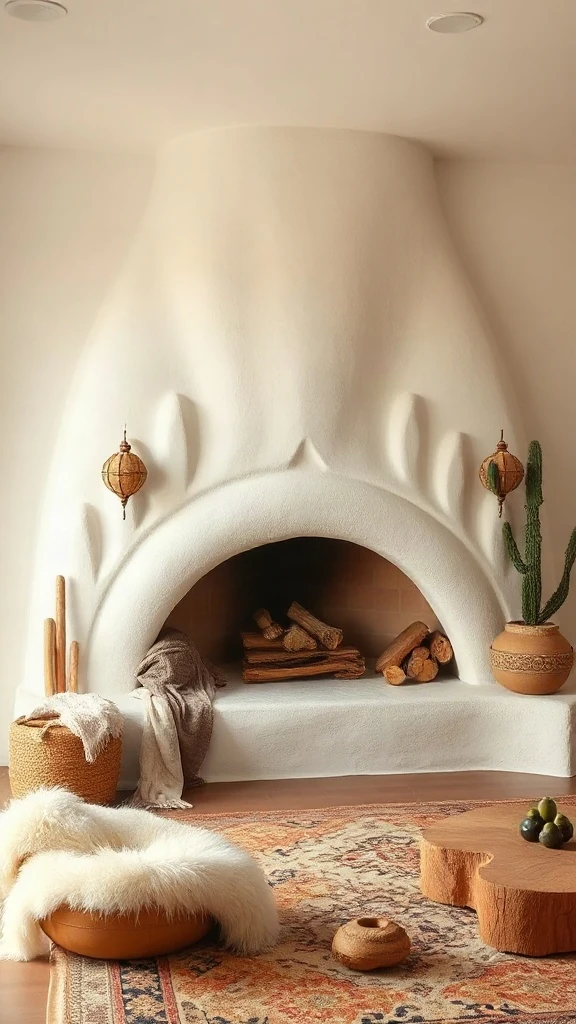 The Sun-Baked Adobe Fireplace Hearth White plaster kiva fireplace with built-in bench adorned with plush sheepskin throws and wood logs.