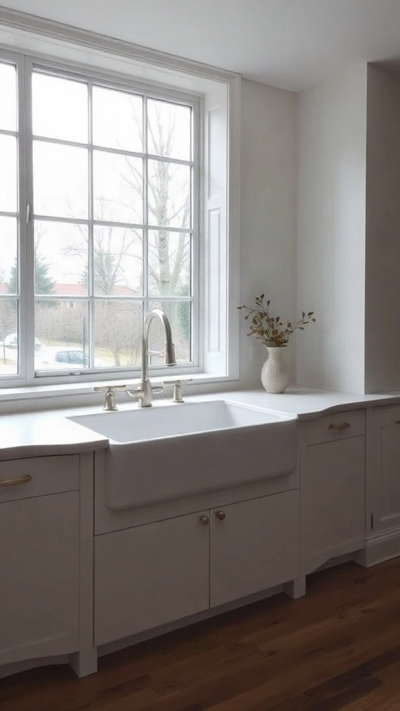 Farmhouse sink placed under a large picture window in a minimalist kitchen.