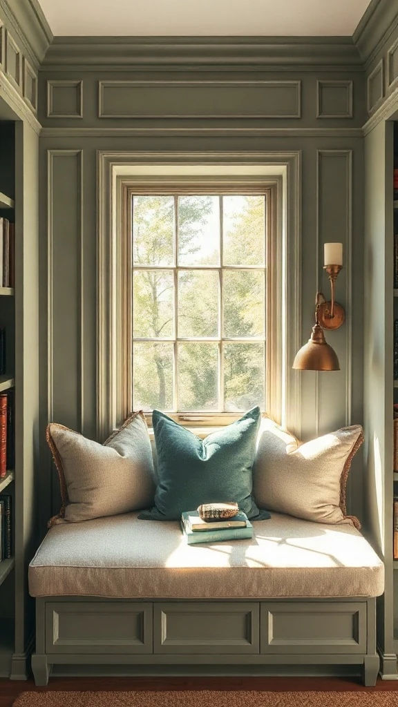 Integrated Reading Nook Bench Custom window seat reading nook framed by white library shelves and linen cushions.
