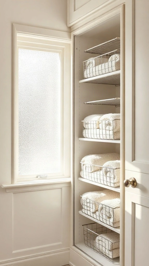 Pull-Out Wire Baskets for Deep Linen Shelves Deep white linen shelves fitted with chrome pull-out wire baskets holding plush rolled bath towels.