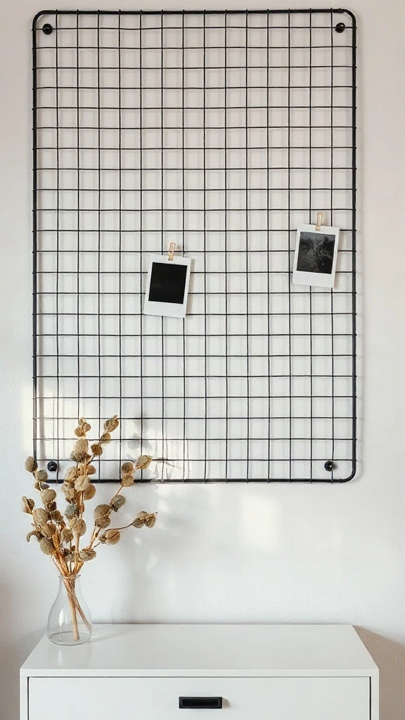 Black wire grid board on a white wall styled with polaroids and dried eucalyptus.