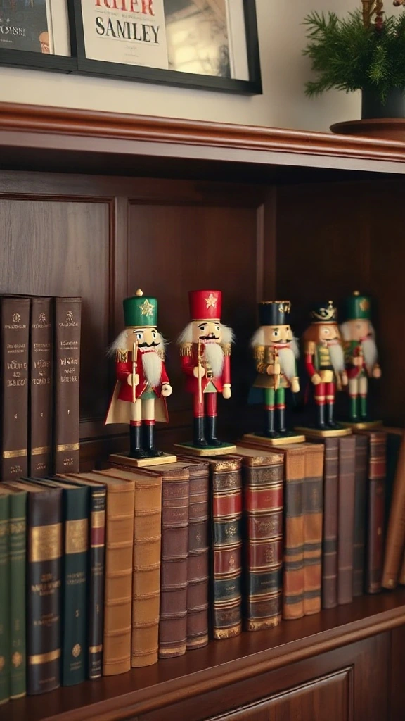 Curated collection of wooden nutcracker figurines lined up among leather-bound books on a dark wood shelf.