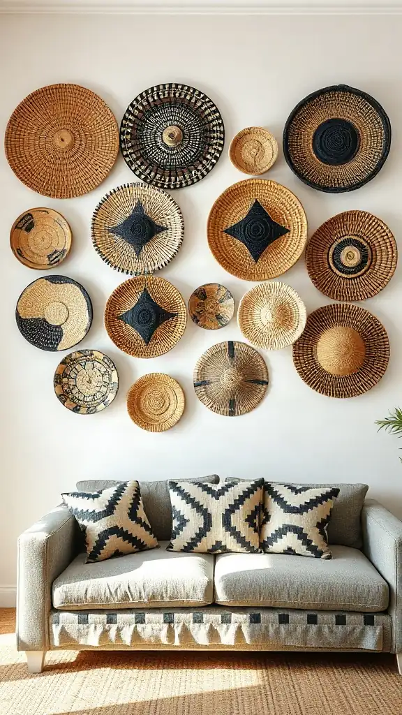 Hand-Woven Wall Baskets Cluster of hand-woven African baskets in natural straw, black, and white hung on a living room wall.
