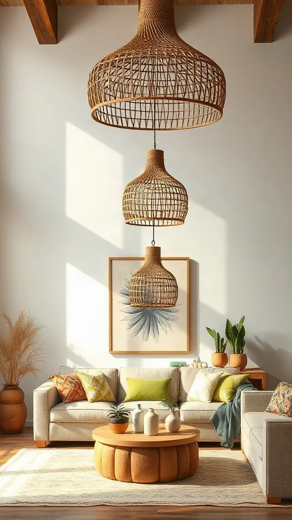 The Woven Jute Pendant Cluster Cluster of three woven jute basket pendant lights hung at staggered heights above a cozy seating area.
