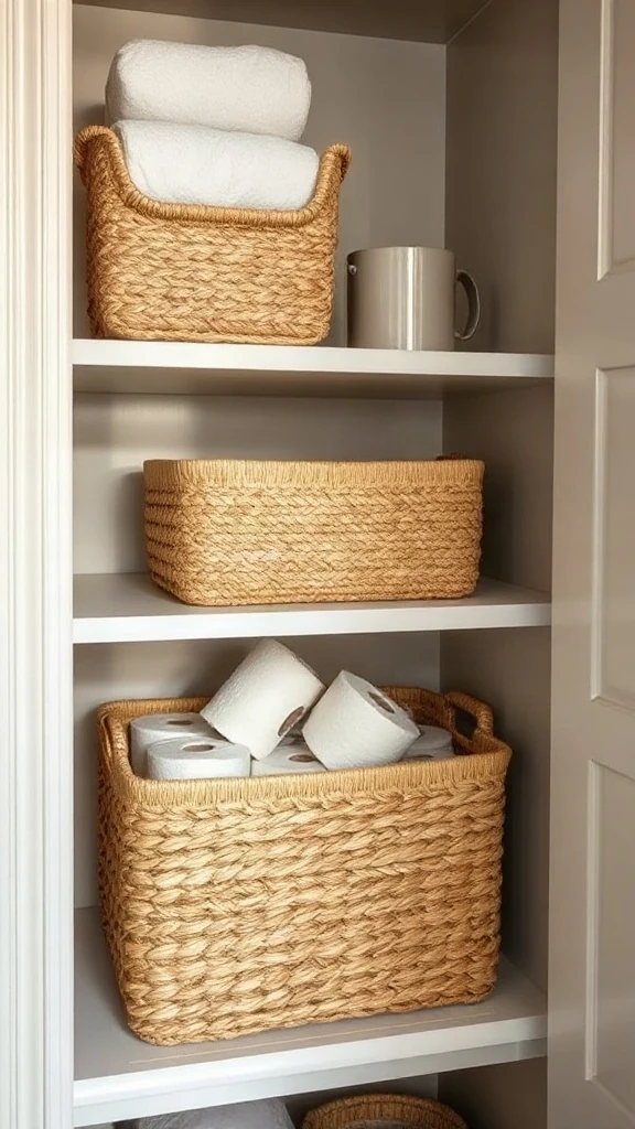 Woven Seagrass Baskets for Hidden Toilet Paper Stash Natural woven seagrass storage baskets stacked on a lower linen shelf filled with extra toilet paper rolls.