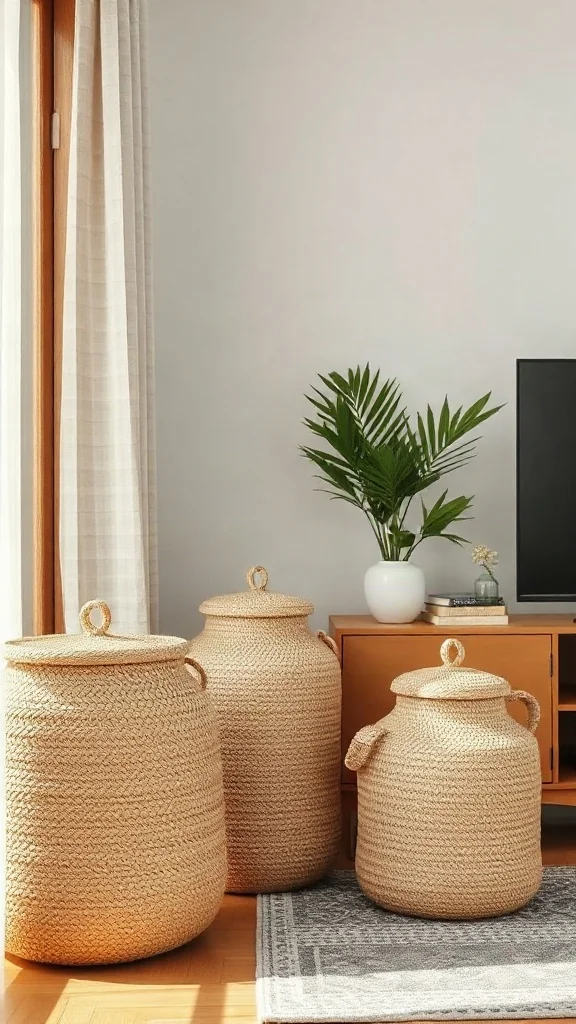 The Woven Seagrass Storage Cluster Group of three lidded woven seagrass storage baskets arranged beside a wooden media console.