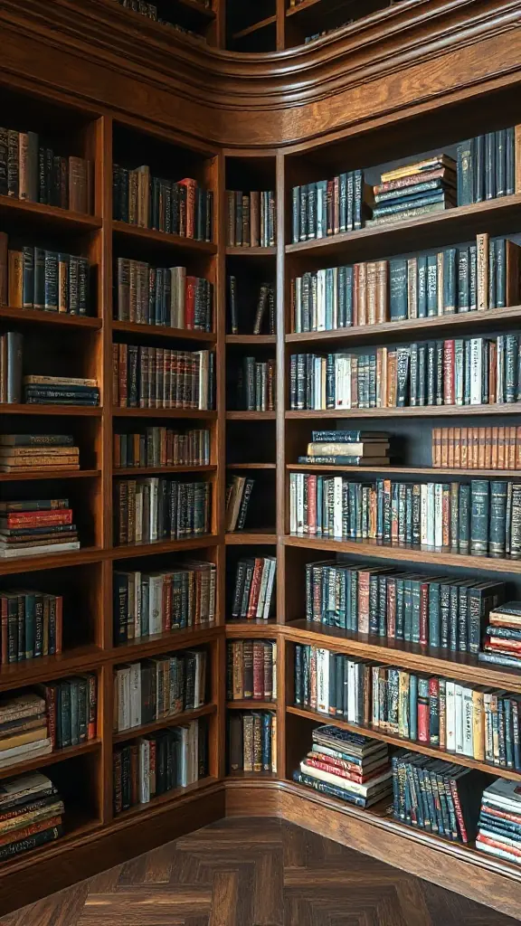 Wrap-Around Corner Library System Continuous rich walnut wrap-around corner bookcase system loaded with hardcover books.