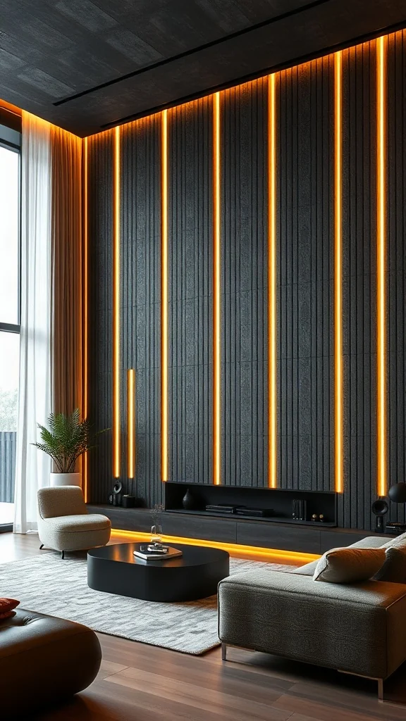 Floor-to-ceiling charcoal acoustic slatted felt panels with built-in warm vertical LED light strips.