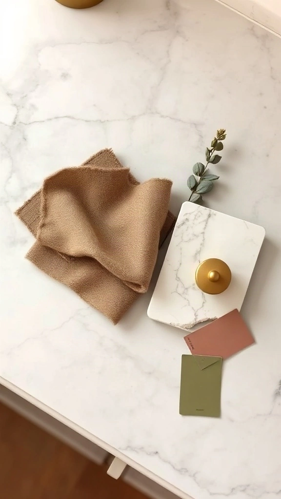 Design mood board flat-lay on a marble worktop with taupe linen and olive mohair swatches.