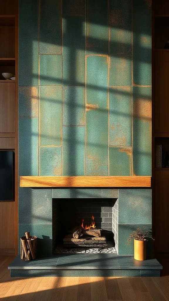 Two story fireplace ideas featuring aged verdigris copper panels with teal patination.