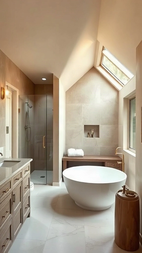 Angled luxury master bathroom layout in a custom suite addition with a 45-degree corner vanity. - Master Bathroom Layouts